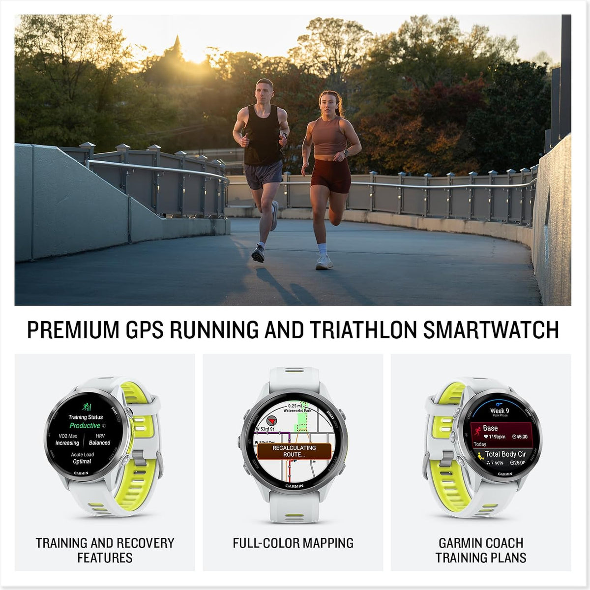 Garmin Forerunner 970 Running Smartwatch, GPS Fitness Smart Watch for Men and Women, Titanium with Whitestone Case and Whitestone/Translucent Amp Yellow Band Bundle with P-Bank + More