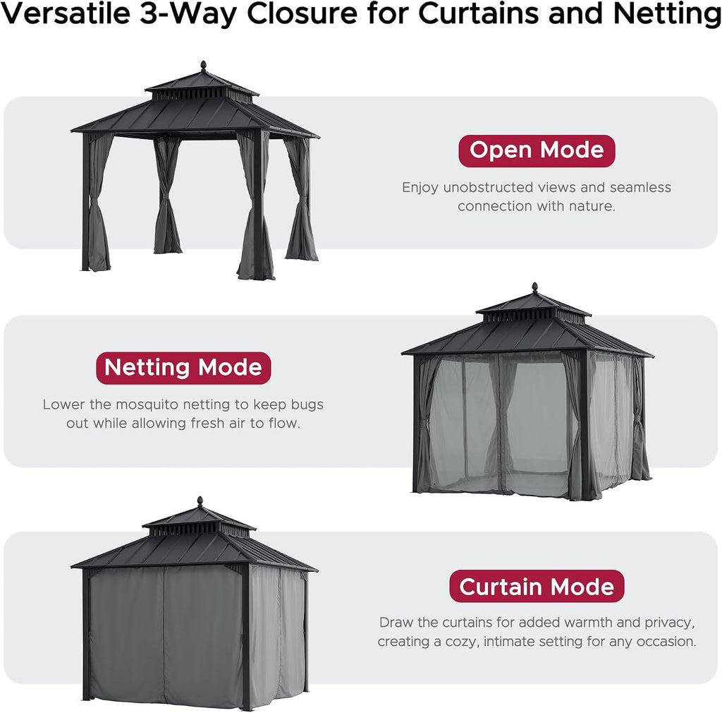 SUNJOY Kingston 10' x 10' Hardtop Gazebo with Galvanized Steel Double Roof, Curtain and Netting, Gray Aluminum Posts Permanent Pavilion Gazebo for Garden, Patio, Deck, Lawn