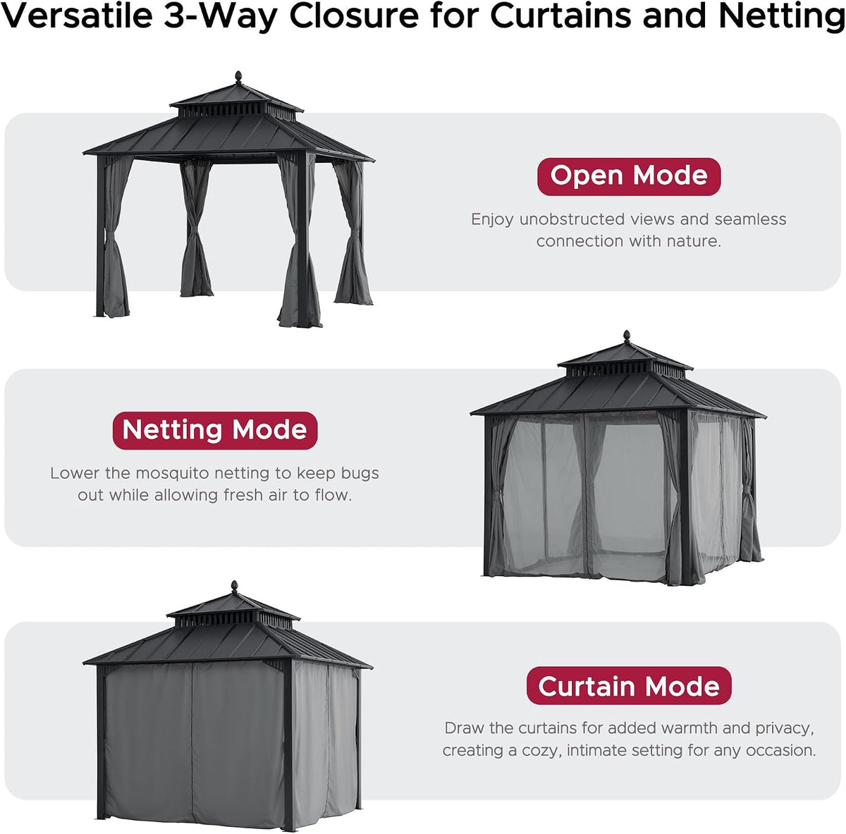 SUNJOY Kingston 10' x 10' Hardtop Gazebo with Galvanized Steel Double Roof, Curtain and Netting, Gray Aluminum Posts Permanent Pavilion Gazebo for Garden, Patio, Deck, Lawn