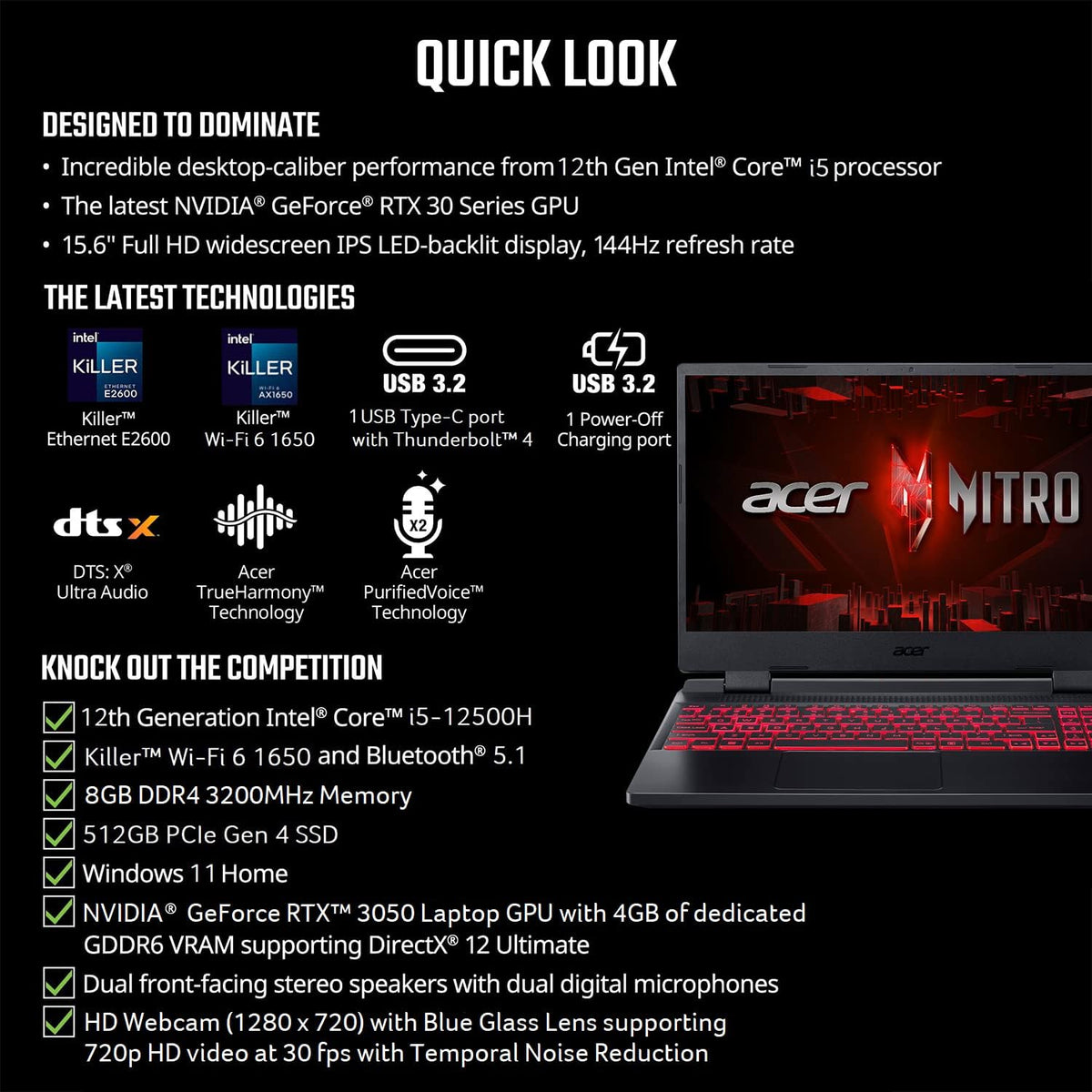Acer Nitro 5 AN515-58-525P Gaming Laptop | Intel Core i5-12500H | NVIDIA GeForce RTX 3050 Laptop GPU | 15.6' FHD 144Hz IPS Display | 8GB DDR4 | 512GB PCIe Gen 4 SSD | Killer Wi-Fi 6 | Backlit Keyboard