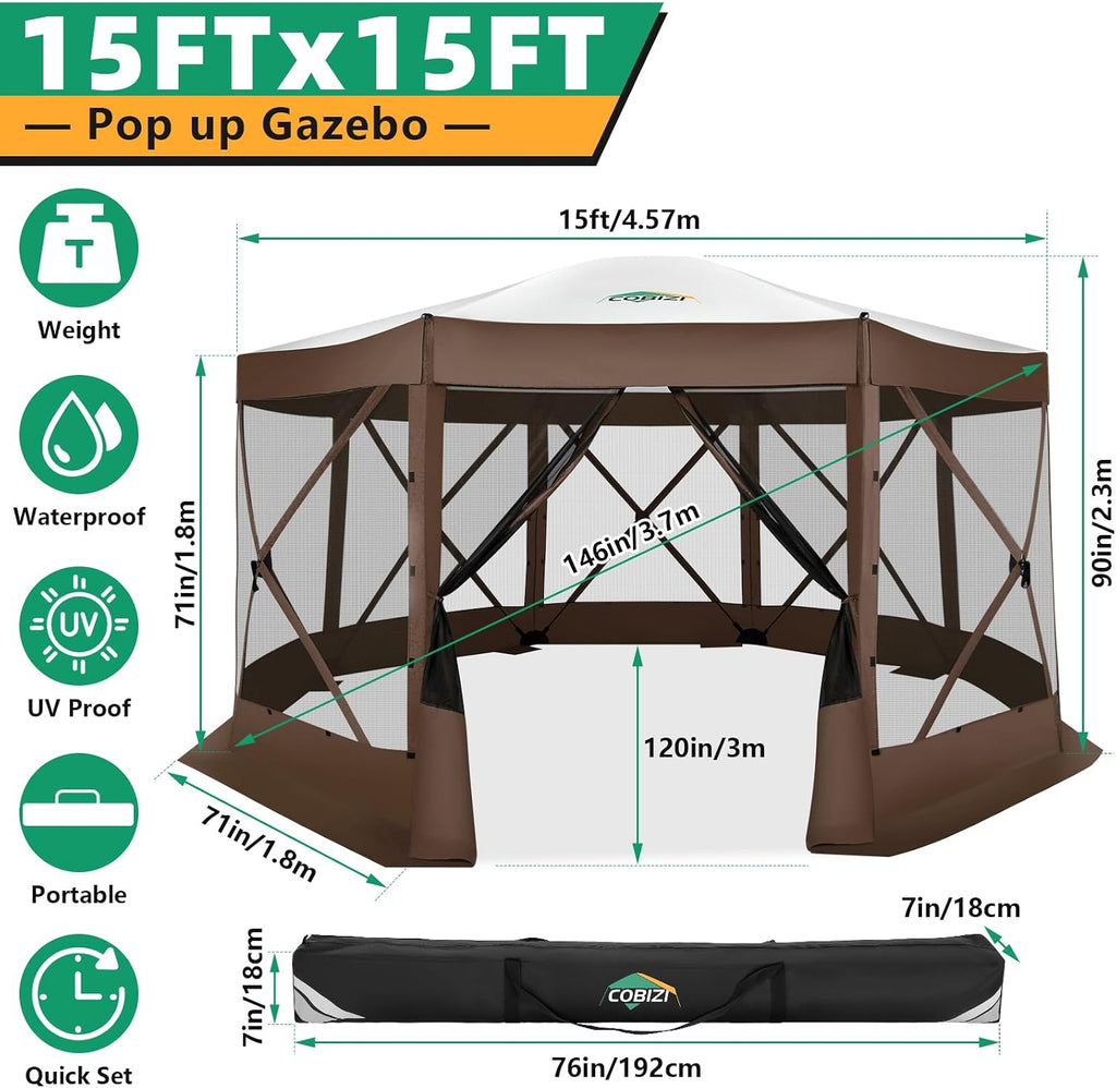 COBIZI 15x15FT Pop Up Gazebo Screen Tent Screen House for Camping, Screen Room with Mosquito Netting, Hub Tent Instant Screened Canopy with Carrying Bag and Ground Stakes, Brown