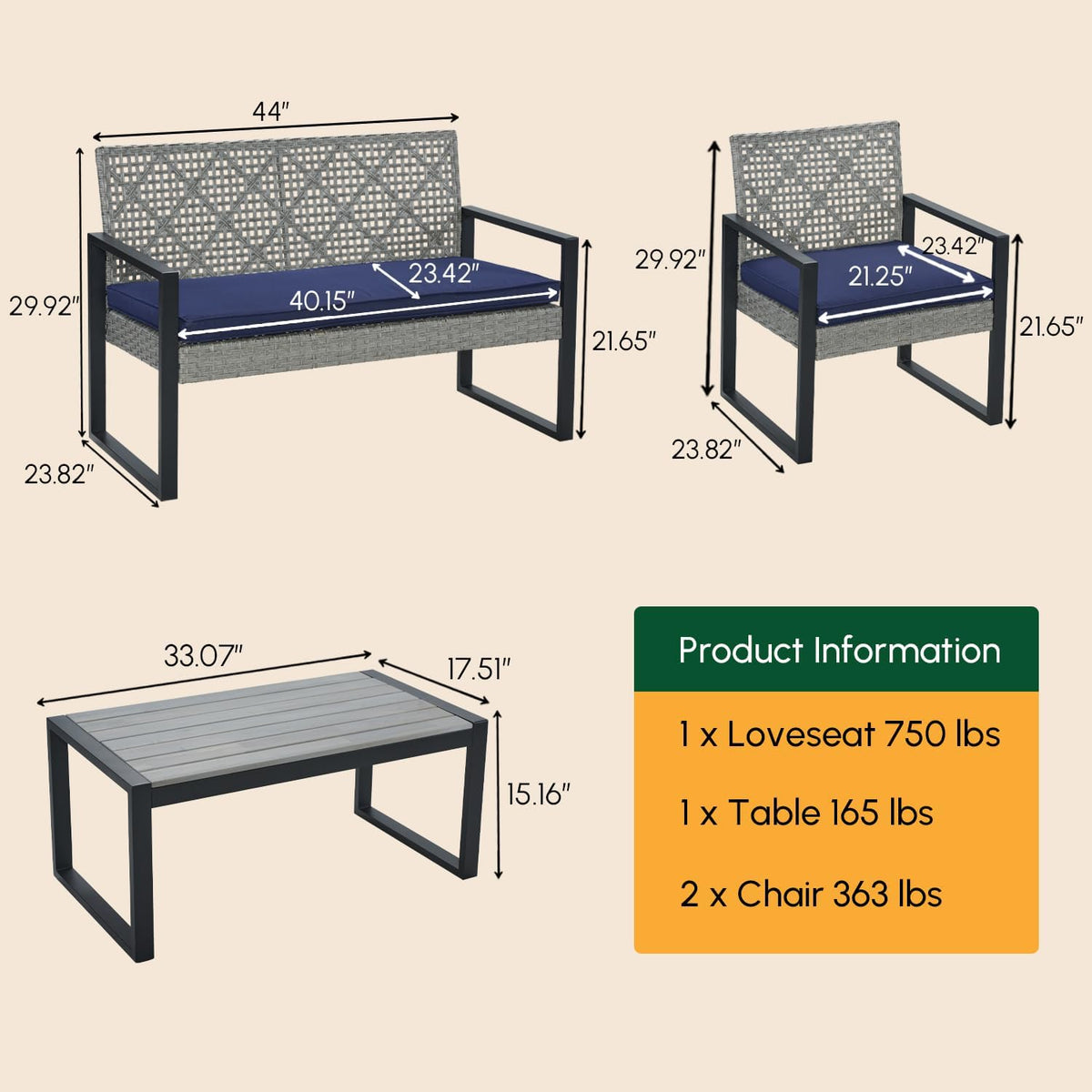 BEEFURNI Wicker Patio Furniture Outdoor Conversation Set of 4, Rattan Outdoor Furniture Set, Acacia Wood Table, 2 Chairs, 1 Loveseat, 2' Cushions, All Weather Set for Patio, Porch, Balcony (Gray)