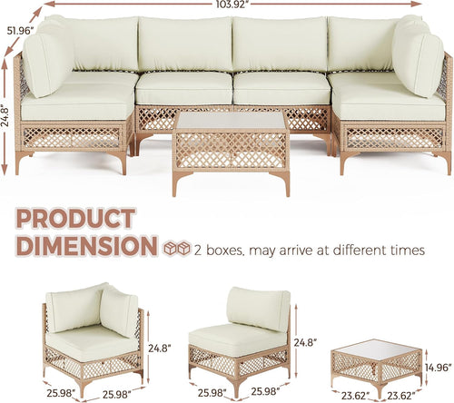 7-Piece Generous Patio Furniture Set, Wicker Outdoor Sectional Set with Large Tempered Glass Coffee Table, Boho Patio Conversation Couch Set with Thickened and Enlarged Cushion and Throw Cushion