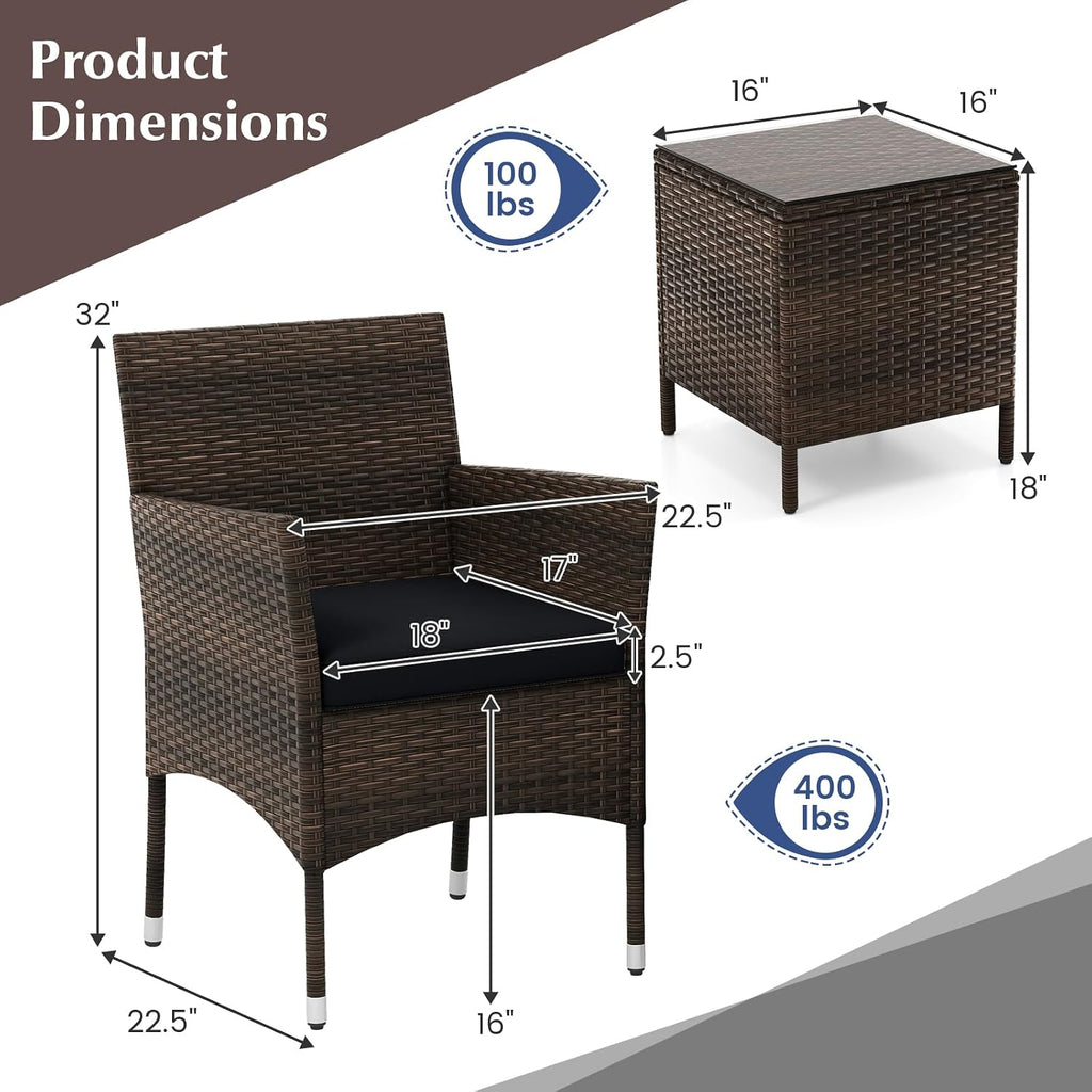 KOTEK 3 Piece Patio Furniture Set, Outdoor Wicker Patio Chairs with Soft Cushions & Tempered Glass Top Table, PE Rattan Bistro Set for Porch, Garden, Balcony (Black)