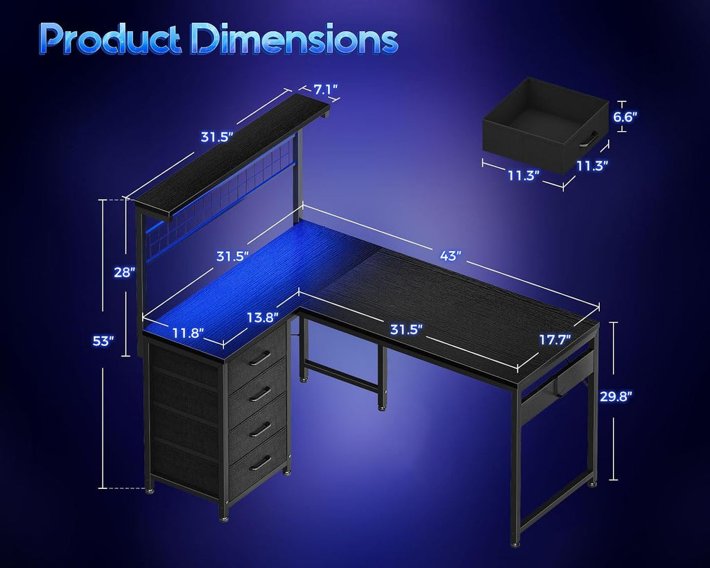 MOTPK 43' L Shaped Gaming Desk for Small Rooms, Compact Corner Computer Table with Shelf & Hutch, 4 Drawers, Reversible Study Desk with LED Light, Home Office Table, Black