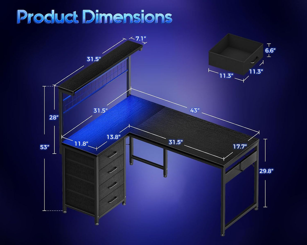 MOTPK 43' L Shaped Gaming Desk for Small Rooms, Compact Corner Computer Table with Shelf & Hutch, 4 Drawers, Reversible Study Desk with LED Light, Home Office Table, Black