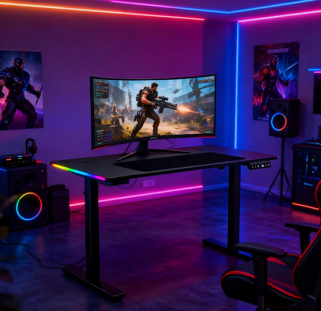 GTPLAYER Electric Standing Desk, Height Adjustable Gaming Desk - Computer Desk with LED Lights, Mouse Pad, Home Office Desk, Pure Black