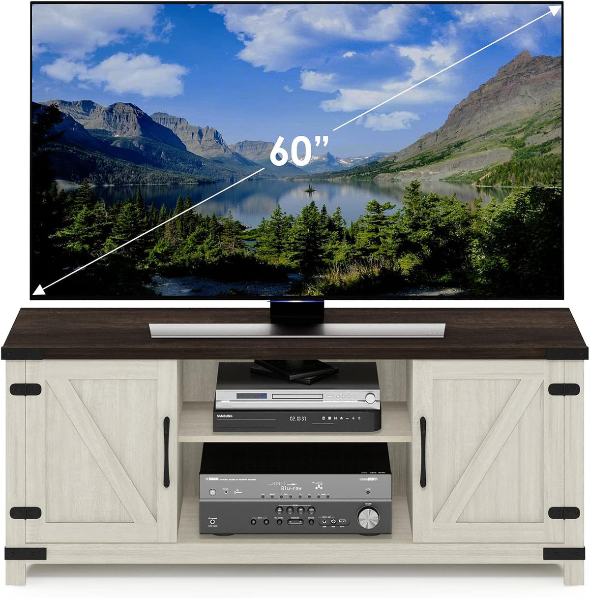 Furinno Jensen Farmhouse Barn Door Living Room TV Stand with Storage Cabinets for TV up to 70 Inch, Ebony/White Wash