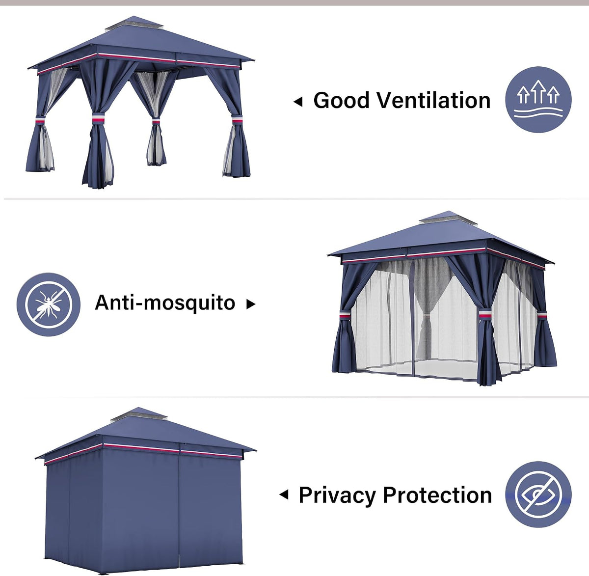 LAUSAINT HOME 10'x10' Outdoor Gazebo with 50FT String Lights, Metal Heavy Duty Patio Canopy Tent with Double Roofs, Mosquito Nettings and Privacy Screens for Backyard, Garden, Lawn, Classic Blue