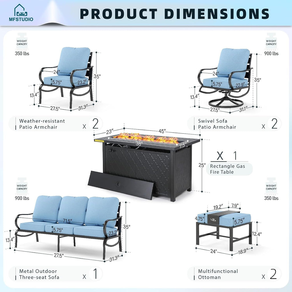 MFSTUDIO Patio Furniture Sets with 45' Gas Fire Pit Table, 8 Pieces Outdoor Metal Conversation Sets with 1 x 3-Seat Sofa, 2 Single Chairs, 2 Swivel Chairs and 2 Ottomans, Blue Cushion