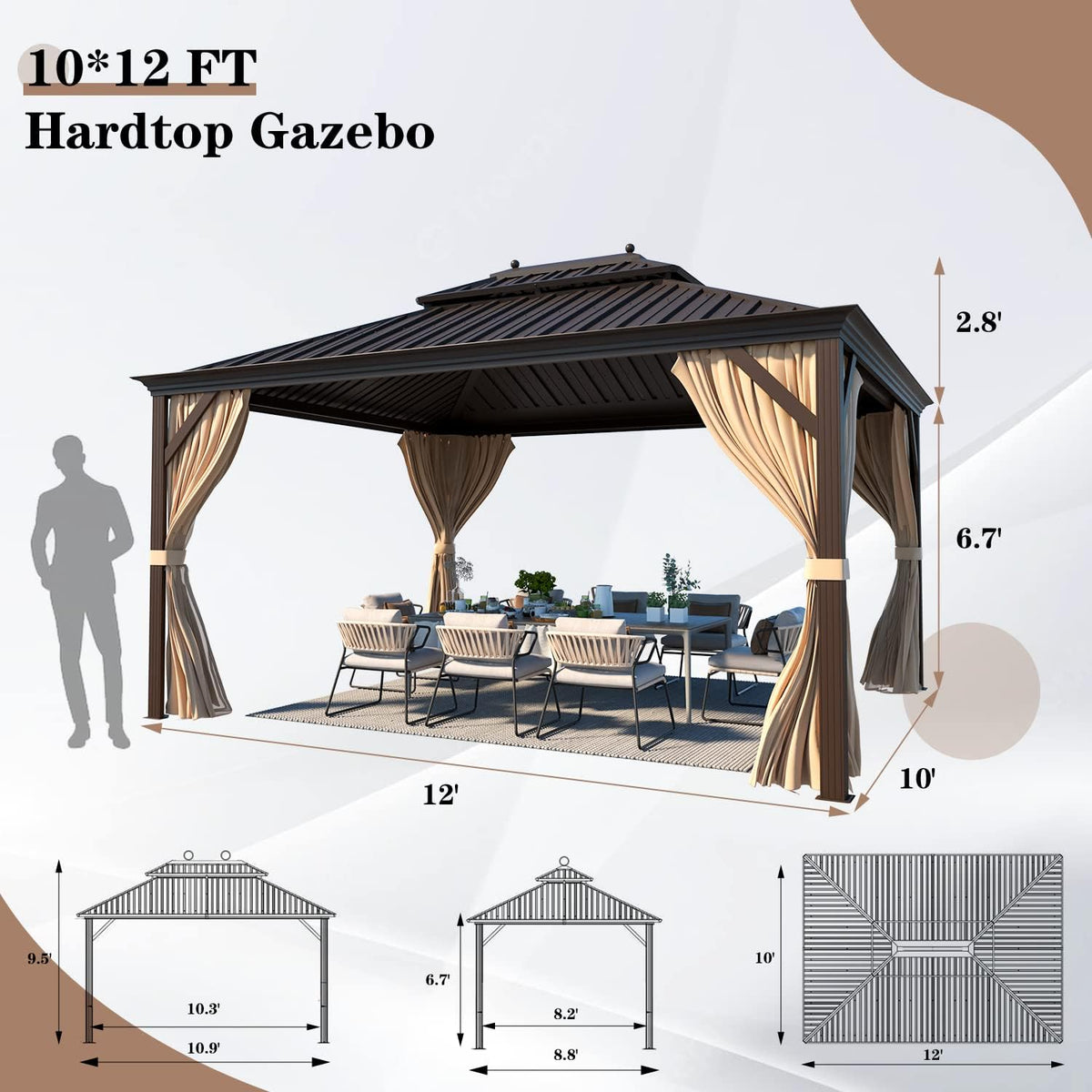 EROMMY 10' X 12' Permanent Hardtop Gazebo Aluminum Gazebos with Galvanized Steel Double Roof for Patio Lawn and Garden, Curtains and Netting Included, Dark Bronze