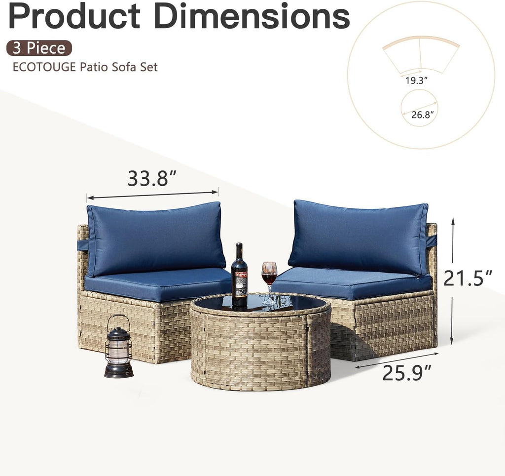 ECOTOUGE Curved Outdoor Sectional Sofa, 3 Piece Half-Moon Rattan Patio Furniture Set, Wicker Conversation Sets with Tempered Glass Round Coffee Table for Pool Backyard Patio Garden(Blue)