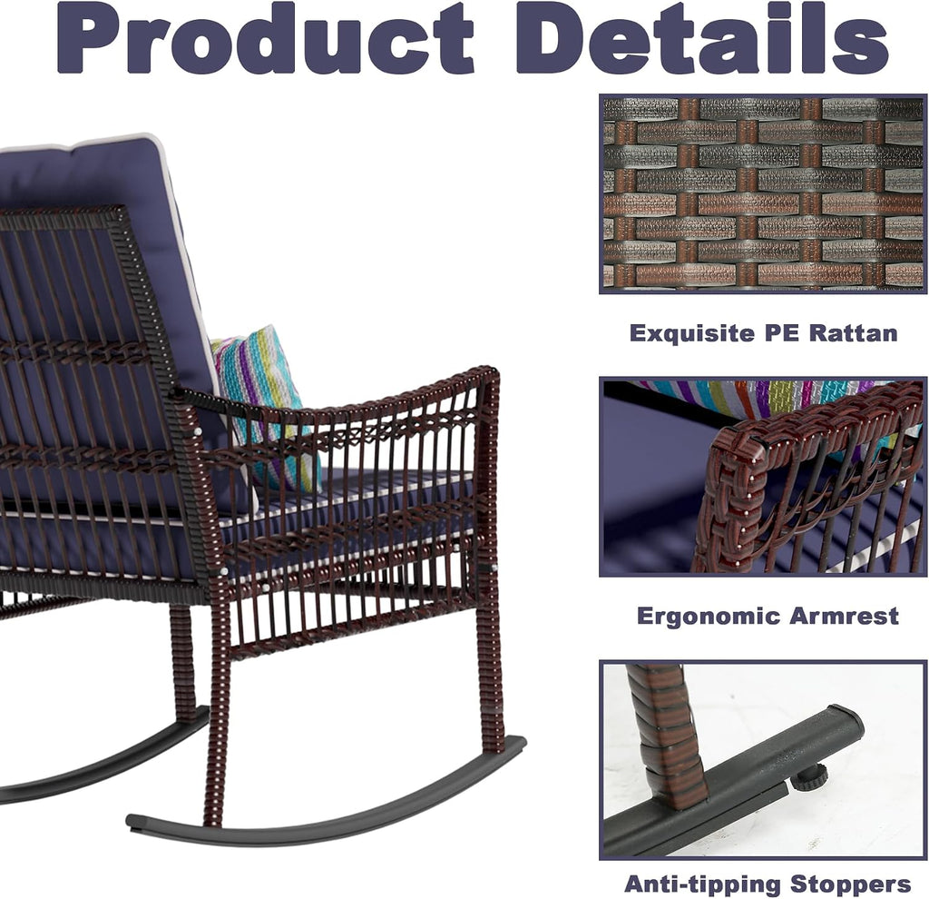 DECMICO Outdoor Rocking Chairs 3 Pieces Patio Conversation Front Porch Furniture, Wicker Bistro Set with Coffee Table for Garden and Balcony (Brown Rattan Royal Blue Cushion)