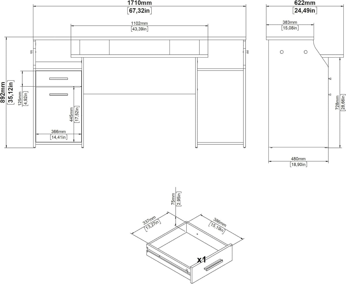 Tvilum Function Plus Computer Gaming Desk with Storage Shelves, Drawer and Monitor Riser, Black Color Finish