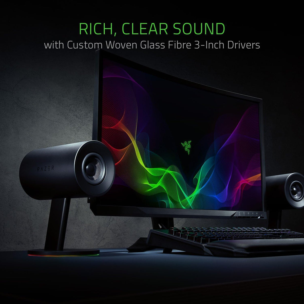 Razer Nommo Chroma: Custom Woven 3' Glass Fiber Drivers - Rear-Facing Bass Ports - Bass Knob w/Automatic Gain Control Chroma Enabled - Full Range 2.0 PC Gaming Speakers, Black
