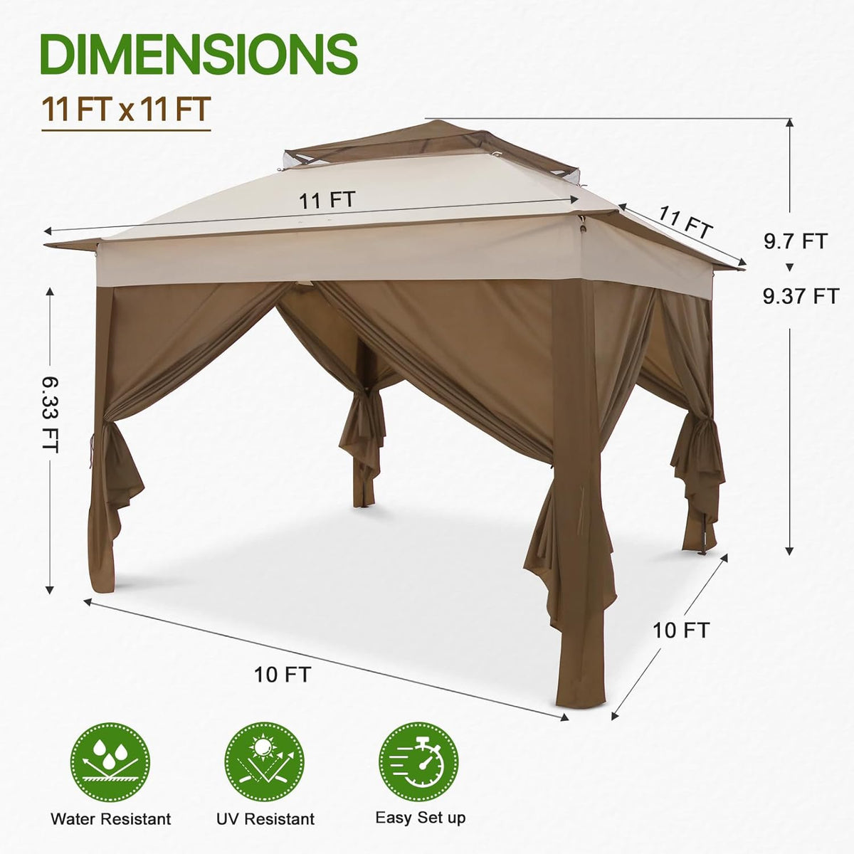 COOS BAY 11x11 Pop Up Gazebo with 4 Sidewalls, Instant Outdoor Canopy Tent with UPF 50+ UV Protection, Water Resistant Shelter with Carry Bag, Stakes & Ropes, Beige
