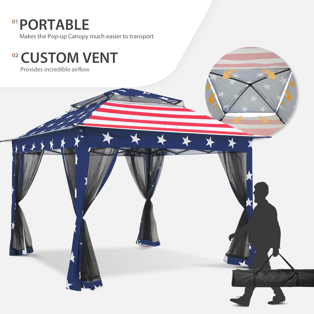 COOS BAY 11x11 Pop Up Gazebo with Mesh Netting, Instant Outdoor Canopy Tent, Water Resistant Shelter with UPF 50+ UV Protection, 121 Sq Ft Coverage, American Flag