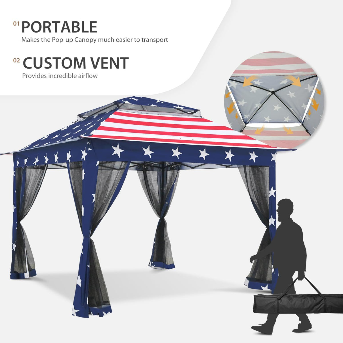 COOS BAY 11x11 Pop Up Gazebo with Mesh Netting, Instant Outdoor Canopy Tent, Water Resistant Shelter with UPF 50+ UV Protection, 121 Sq Ft Coverage, American Flag
