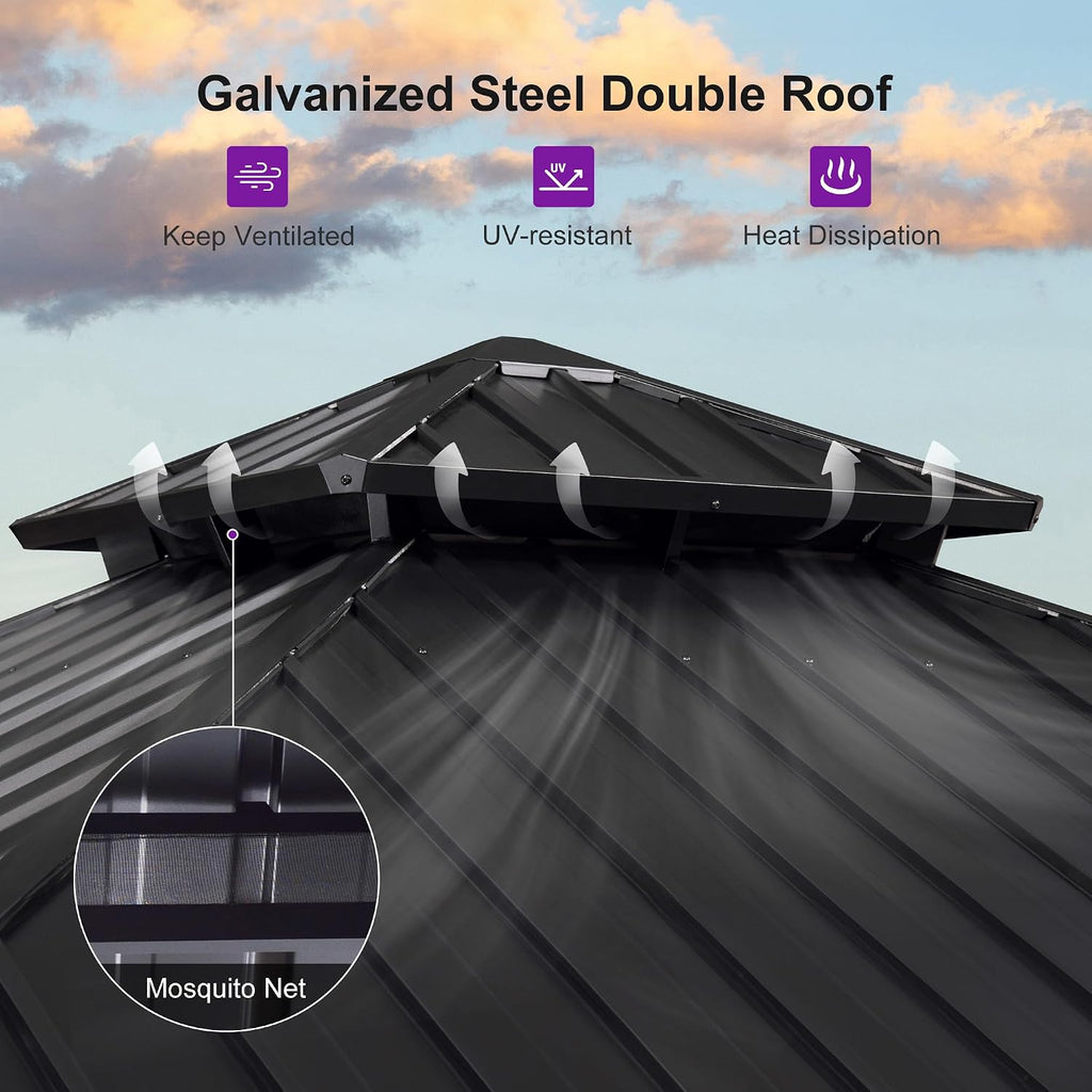 PURPLE LEAF 10' X 10' Hardtop Gazebo Outdoor Wood Grain Aluminum Frame Galvanized Steel Double Roof Gazebos with Netting and Curtains for Patio Deck Backyard Garden