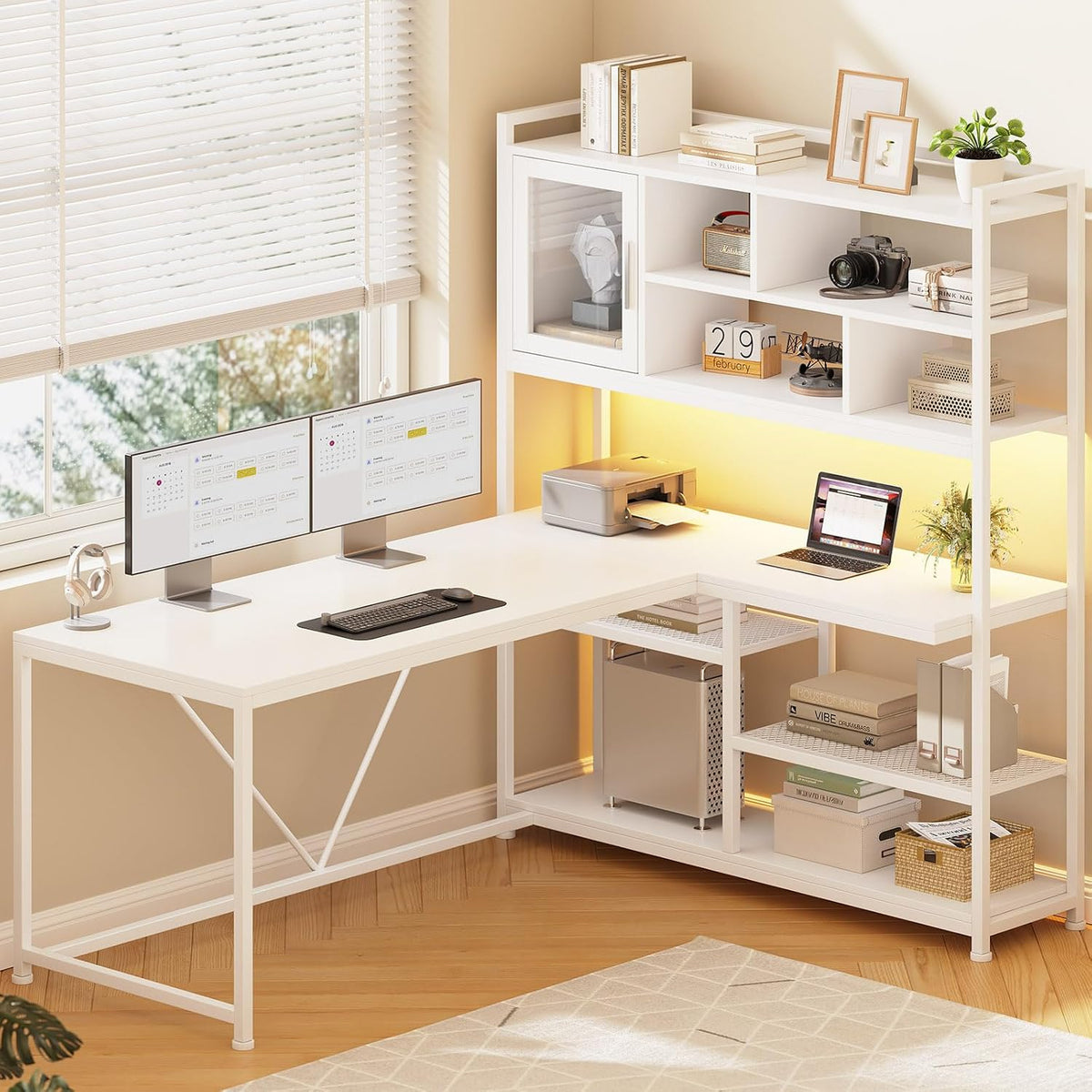 SEDETA L Shaped Computer Desk, 58'' Office Desk with LED Light and Bookshelf, L Shaped Corner Desk with Storage Shelves for Home Office, Gaming Desk, L Desk, White