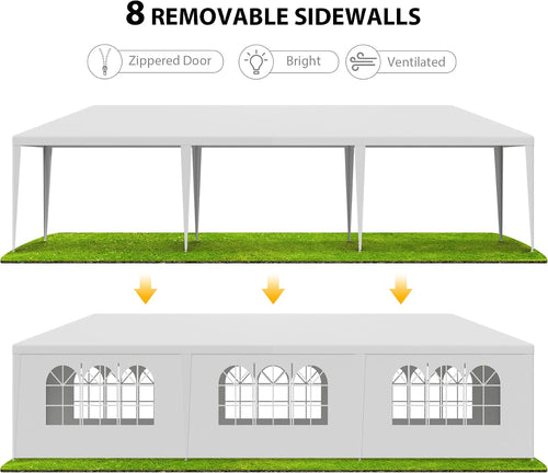 10' x 30' Outdoor Waterproof Gazebo Canopy Tent with Removable Sidewalls and Windows Heavy Duty Tent for Party Wedding Events Beach BBQ, White