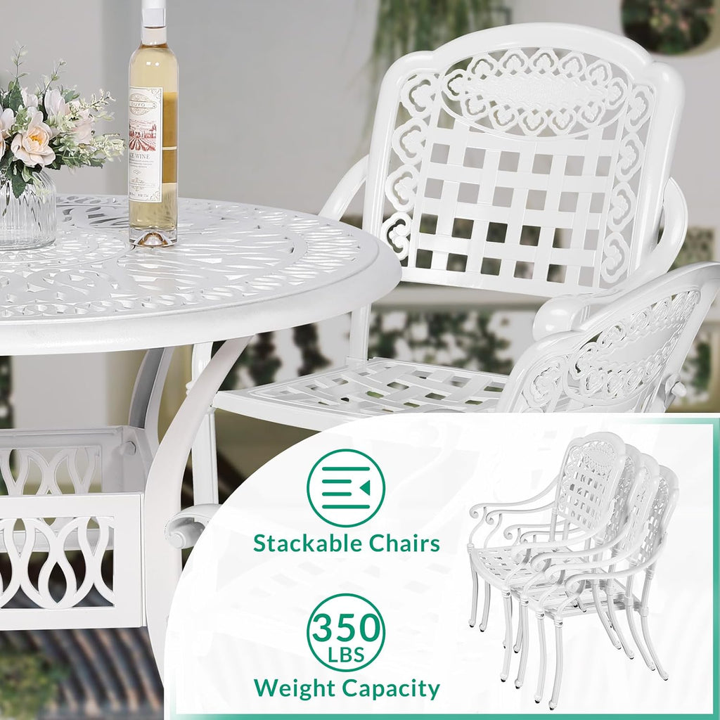 VIVIJASON 5-Piece Outdoor Patio Furniture Dining Set, All-Weather Cast Aluminum Conversation Set, Include 4 Chairs and 38.5' Round Table w/Umbrella Hole for Balcony, Lawn, Garden, Backyard, White