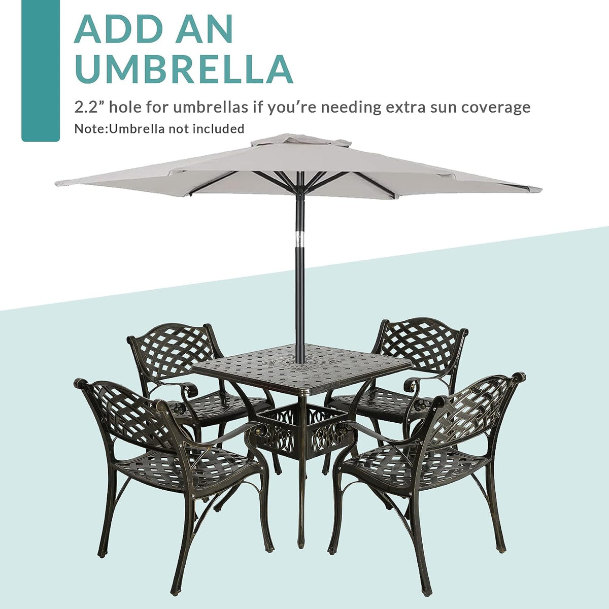 MEETWARM 5-Piece Outdoor Furniture Dining Set, All Weather Cast Aluminum Conversation Set Includes 4 Chairs and a 31.5' Square Table with 2.2' Umbrella Hole for Patio Garden Deck, Lattice Weave Design