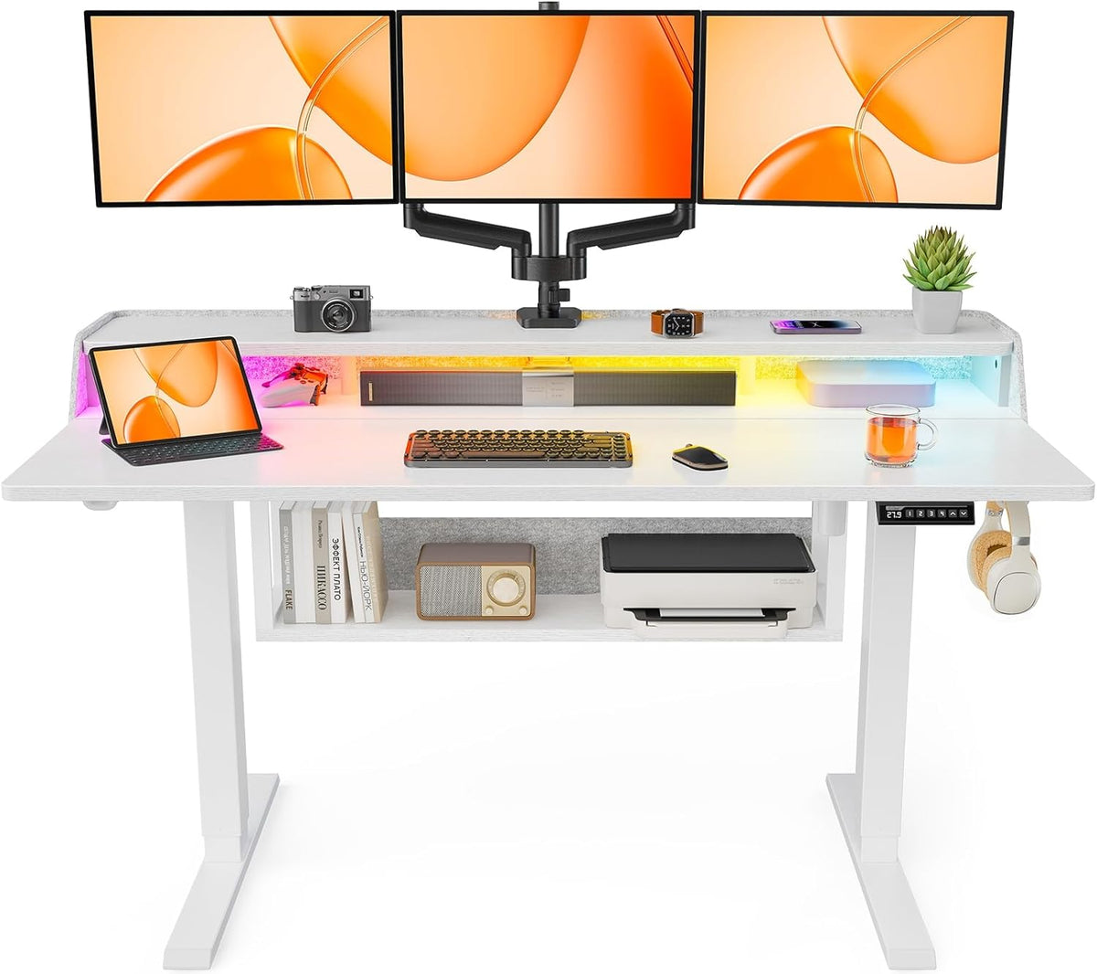 ErGear Electric Standing Desk, 55x28 Inch Adjustable Sit Stand Desk with Bookshelf & Monitor Stand, Standing Gaming Desk with LED Light Strip, Stand Up Desk for Home Office, White