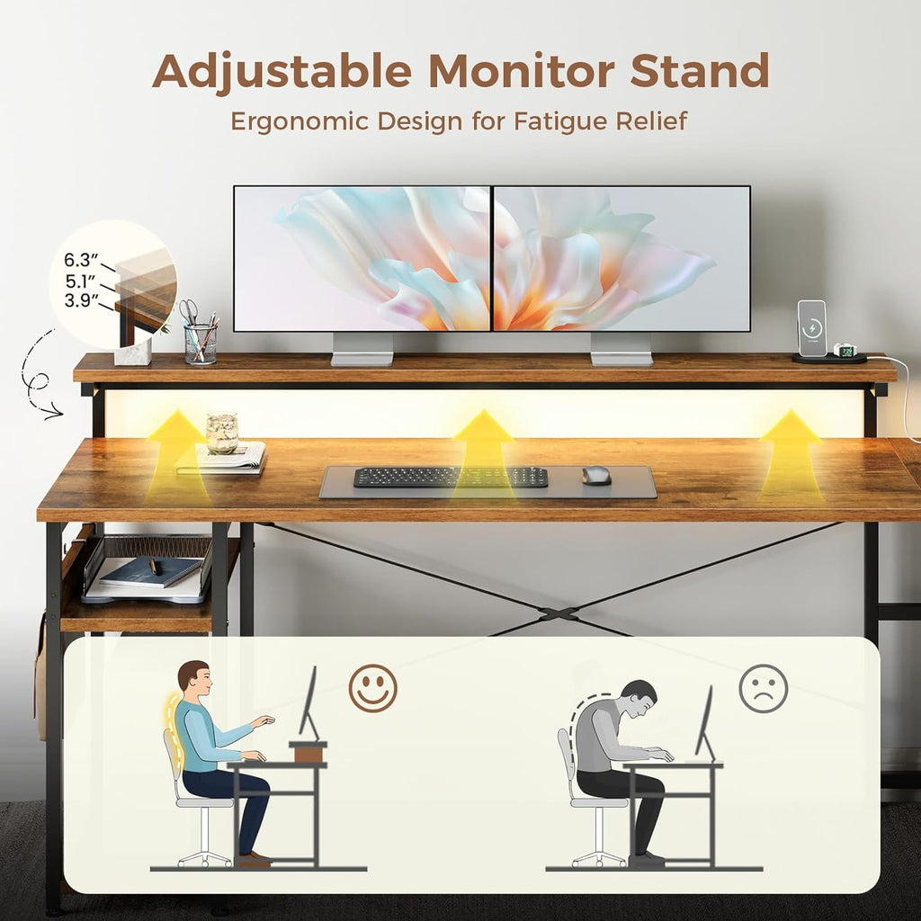 AODK 61' L Shaped Desk with Drawer, Computer Desk with Power Outlets & LED Lights, Reversible Corner Gaming Desks for Home Office Workstation, Office Table with Monitor Shelf, Vintage