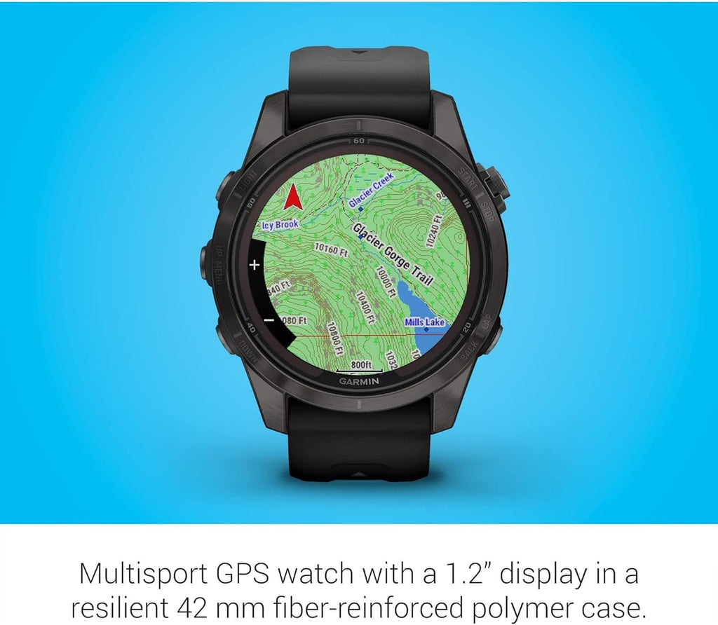 Garmin Fenix 7S Pro Solar, Sapphire, Carbon Gray DLC Titanium, Black Bundle with 2 Year Enhanced Protection Pack