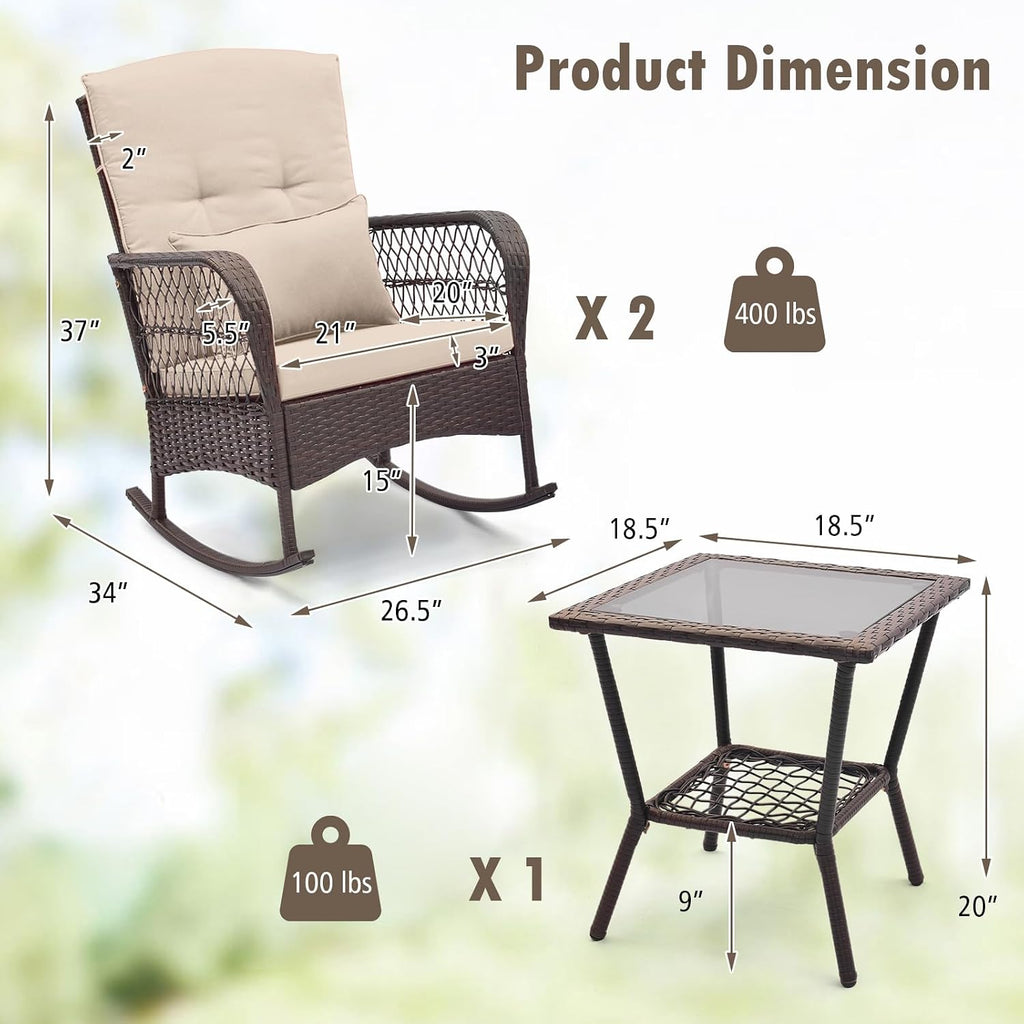 ORALNER 3 Pieces Patio Furniture Wicker Rocker Set, Outdoor Rocking Chairs with Cushions, Pillows, Glass Coffee Table, Rattan Bistro Set for Balcony Front Porch Poolside Garden Deck (Beige)
