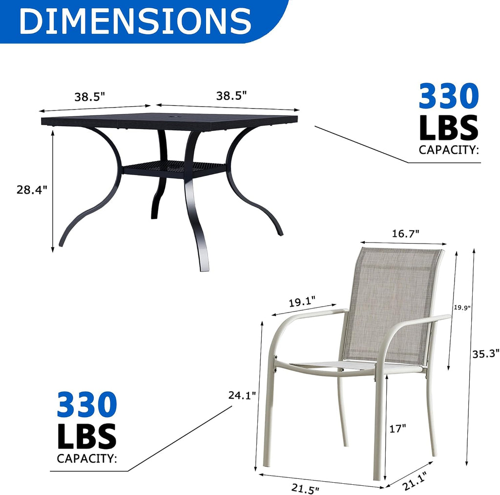 5 Pieces Outdoor Dining Set, Black Square Metal Table with Umbrella Hole & Stackable Chairs, Outside Furniture Set for Patio, Deck, Yard, Porch, Gray