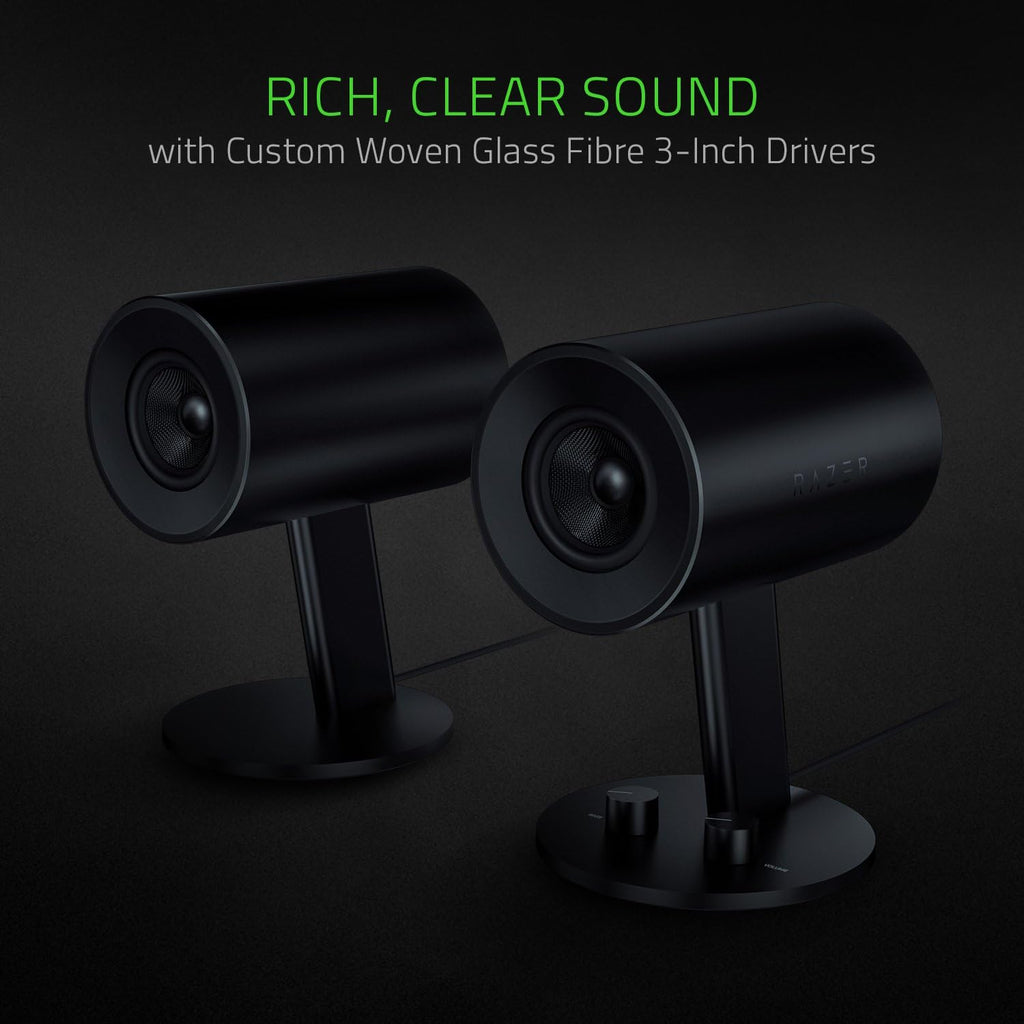 Razer Nommo: Custom Woven Fiberglass 3' Drivers - Rear-Facing Bass Ports - Bass Knob w/Automatic Gain Control - Full Range 2.0 PC Gaming Speakers