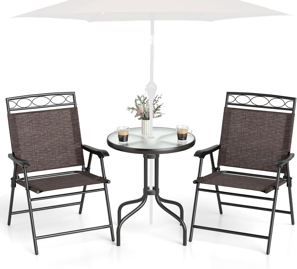 HAPPYGRILL 3 Pieces Patio Dining Set with Round Glass Table, Folding Chairs, Outdoor Chairs Table Set with Umbrella Hole for Garden Poolside Backyard