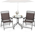 HAPPYGRILL 3 Pieces Patio Dining Set with Round Glass Table, Folding Chairs, Outdoor Chairs Table Set with Umbrella Hole for Garden Poolside Backyard