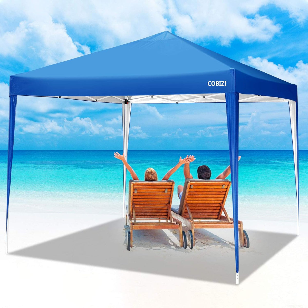 COBIZI Pop-Up-Pavillon, 3 x 3 m, Wasserdicht, sofortige Baldachin, silberbeschichtet, 99% UV-Schutz, mit verstellbaren Beinhöhen, 4 Gewichtstaschen, Heringen und Seilen (Blau)