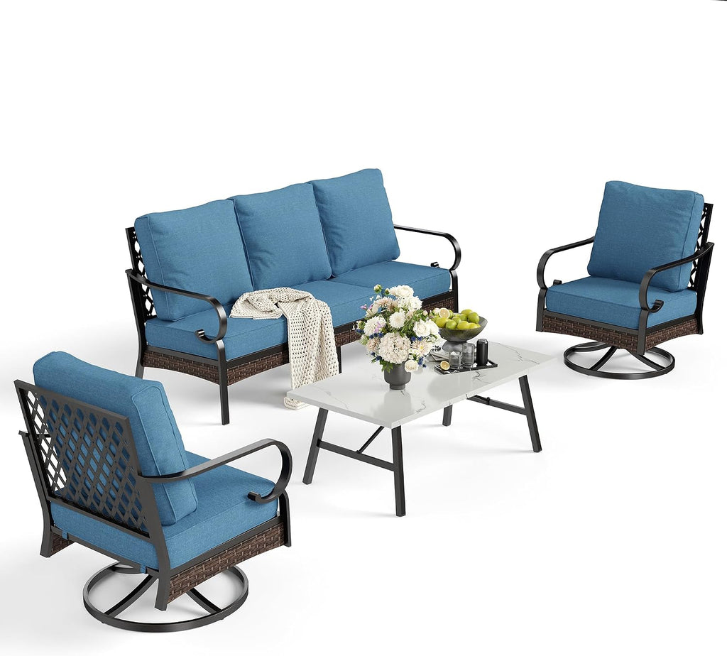 SUNSHINE VALLEY 5 PCS Metal Outdoor Patio Furniture Set, Patio Conversation Sets 1 3-Seater Sofa, 2 Swivel Chairs with 5.75' Extra Thick Cushion & Coffee Table, Black Backyard Furniture, Denim Blue