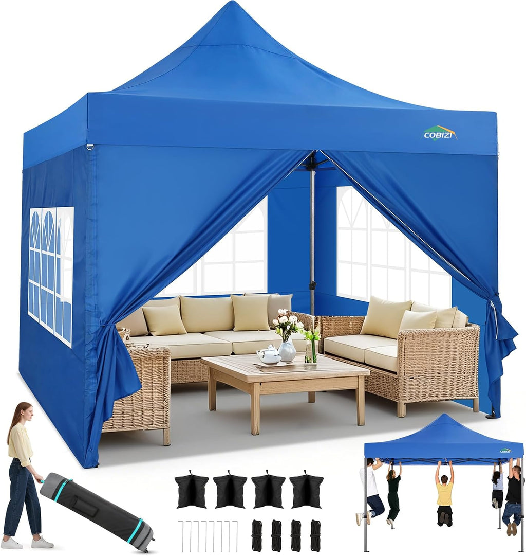 COBIZI 10x10 Heavy Duty Pop Up Canopy Tent with 4 Sidewalls Thicken Frame, Commercial Easy Up Outdoor Wedding Party Tents, All Season Waterproof Windproof with Stakes Sandbags Ropes Roller Bag, Blue