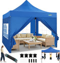COBIZI 10x10 Heavy Duty Pop Up Canopy Tent with 4 Sidewalls Thicken Frame, Commercial Easy Up Outdoor Wedding Party Tents, All Season Waterproof Windproof with Stakes Sandbags Ropes Roller Bag, Blue