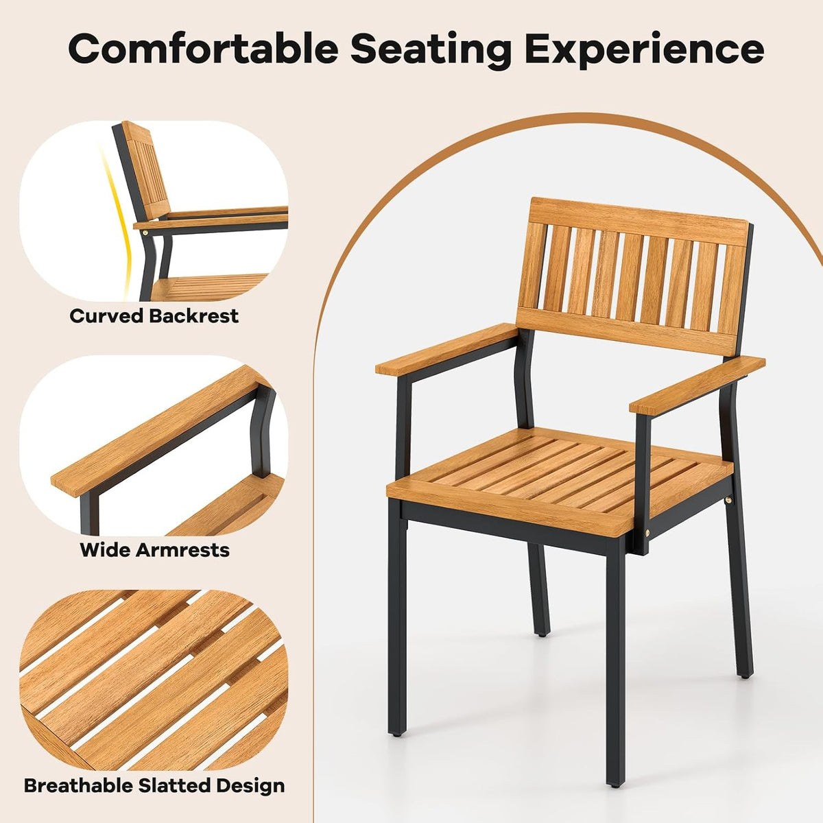 Tangkula 6 Pieces Outdoor Acacia Wood Dining Set, Patio Table and Chairs Set with Bench for 6-7 People, Outdoor Dining Furniture Set with 2' Umbrella Hole for Garden, Backyard and Poolside