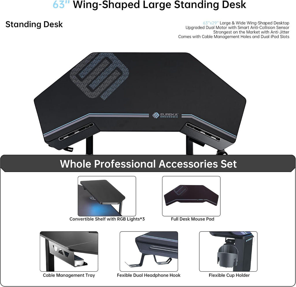 EUREKA ERGONOMIC Gaming Desk Adjustable Height Standing Desk 63' Wing Shaped Music Studio Table Workstation w Full Coverage Mousepad, 3 Stands, Dual Headphone/Cup Holder, Ipad-Slot