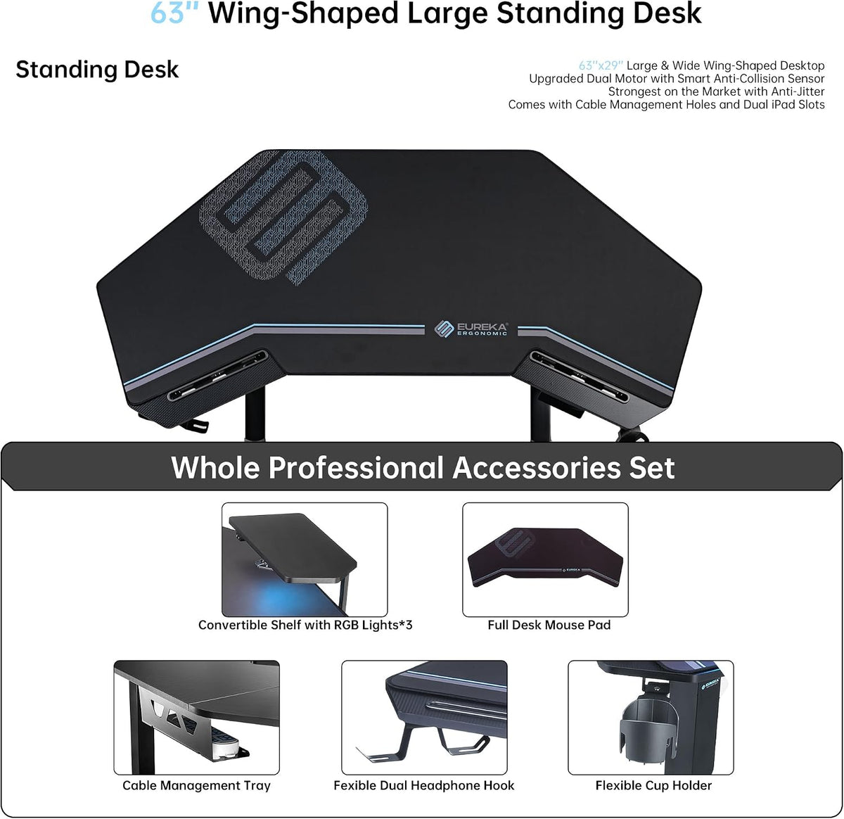 EUREKA ERGONOMIC Gaming Desk Adjustable Height Standing Desk 63' Wing Shaped Music Studio Table Workstation w Full Coverage Mousepad, 3 Stands, Dual Headphone/Cup Holder, Ipad-Slot