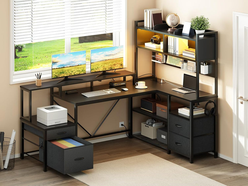 RALGEND 75' L Shaped Gaming Desk with Hutch, L Shaped Desk with Drawers, LED Light, Power Outlets & Pegboard, Corner Desk with Storage Shelves & Monitor Stand for Home Office, Black