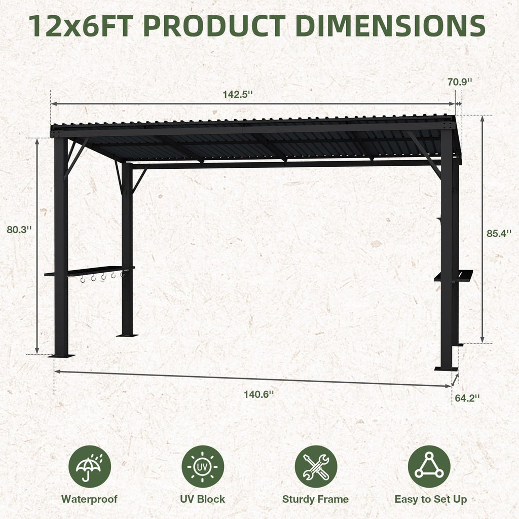 EBE 6'x12' Hardtop Grill Gazebo, Outdoor BBQ Gazebo with Side Shelves, Grill Pergola Canopy with Bottle Opener & Hooks, Metal Gazebo for Patio, Backyard, Deck