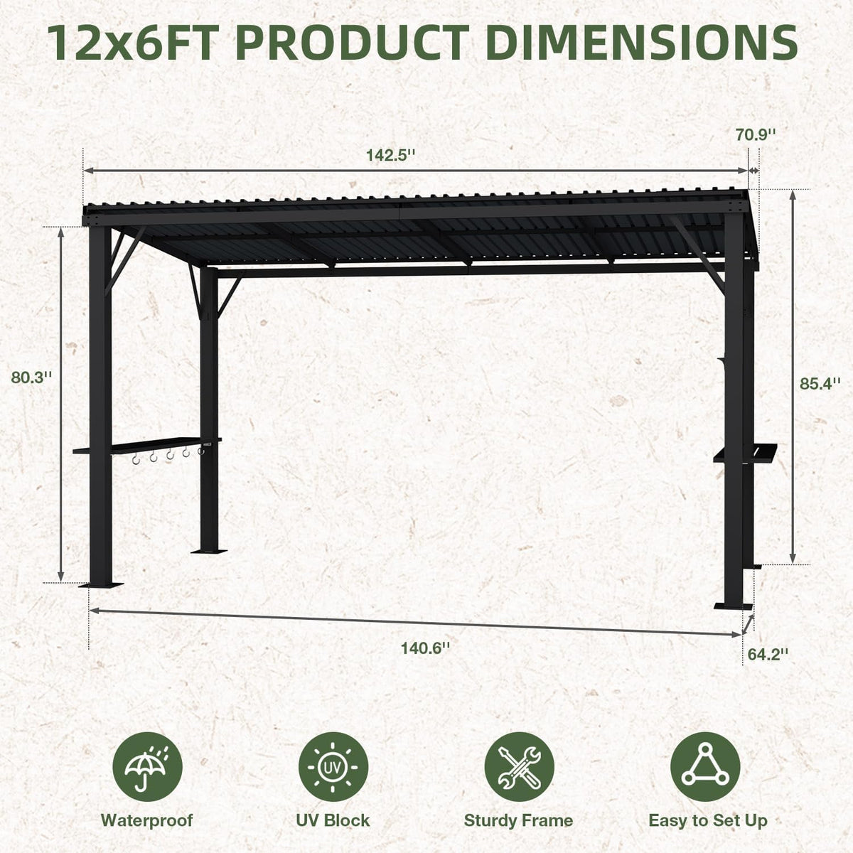 EBE 6'x12' Hardtop Grill Gazebo, Outdoor BBQ Gazebo with Side Shelves, Grill Pergola Canopy with Bottle Opener & Hooks, Metal Gazebo for Patio, Backyard, Deck