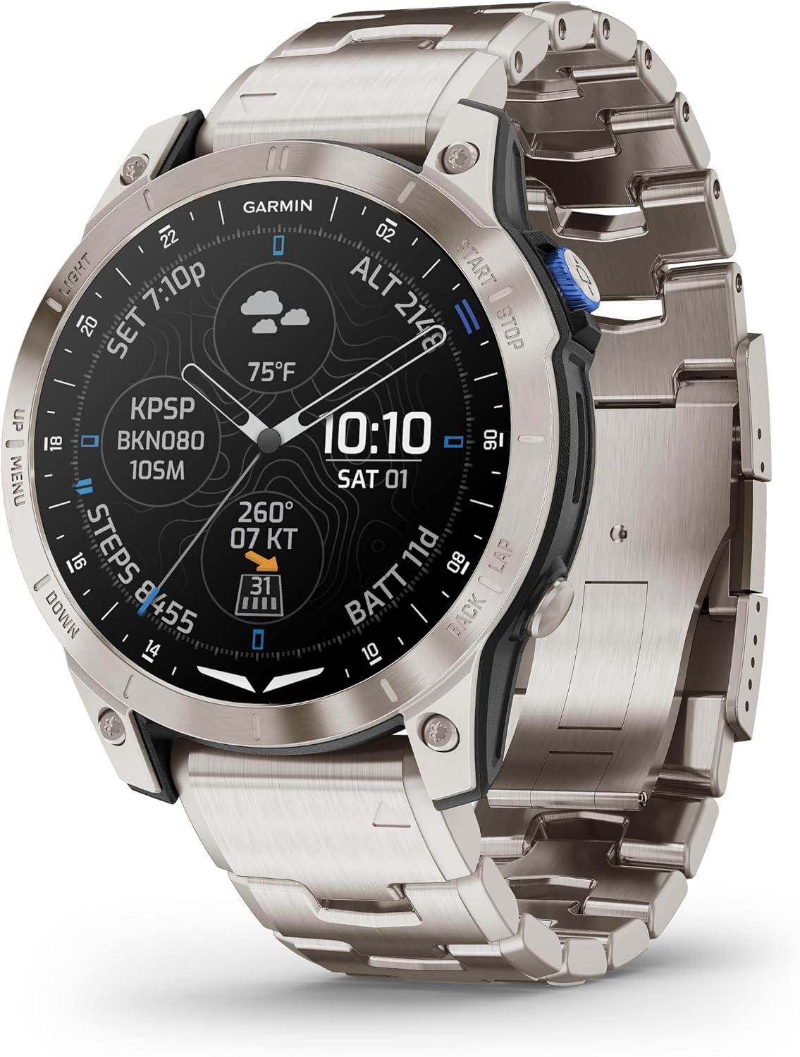 Garmin D2™ Mach 1, Touchscreen Aviator Smartwatch with GPS Moving Map, Aviation Weather, Health and Wellness Features and More, Vented Titanium Bracelet