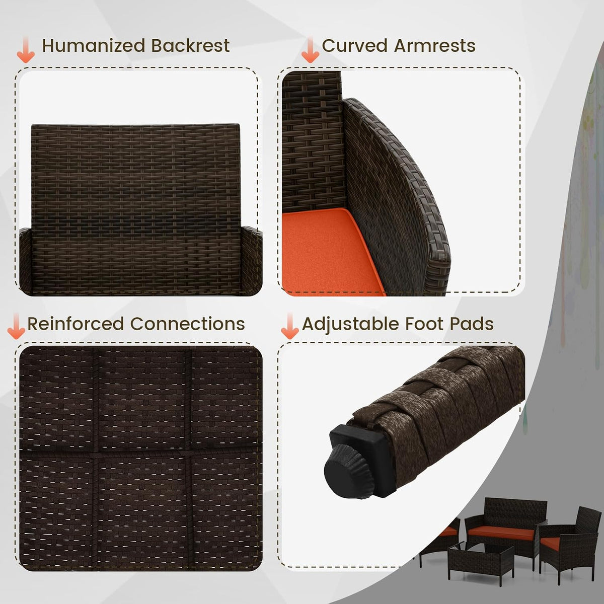 DORTALA Wicker Patio Furniture Set 4 Piece, Outdoor PE Rattan Table & Chairs Set with Tempered Glass Coffee Table, Loveseat, Cushions, Conversation Set for Balcony, Porch, Backyard, Deck, Orange