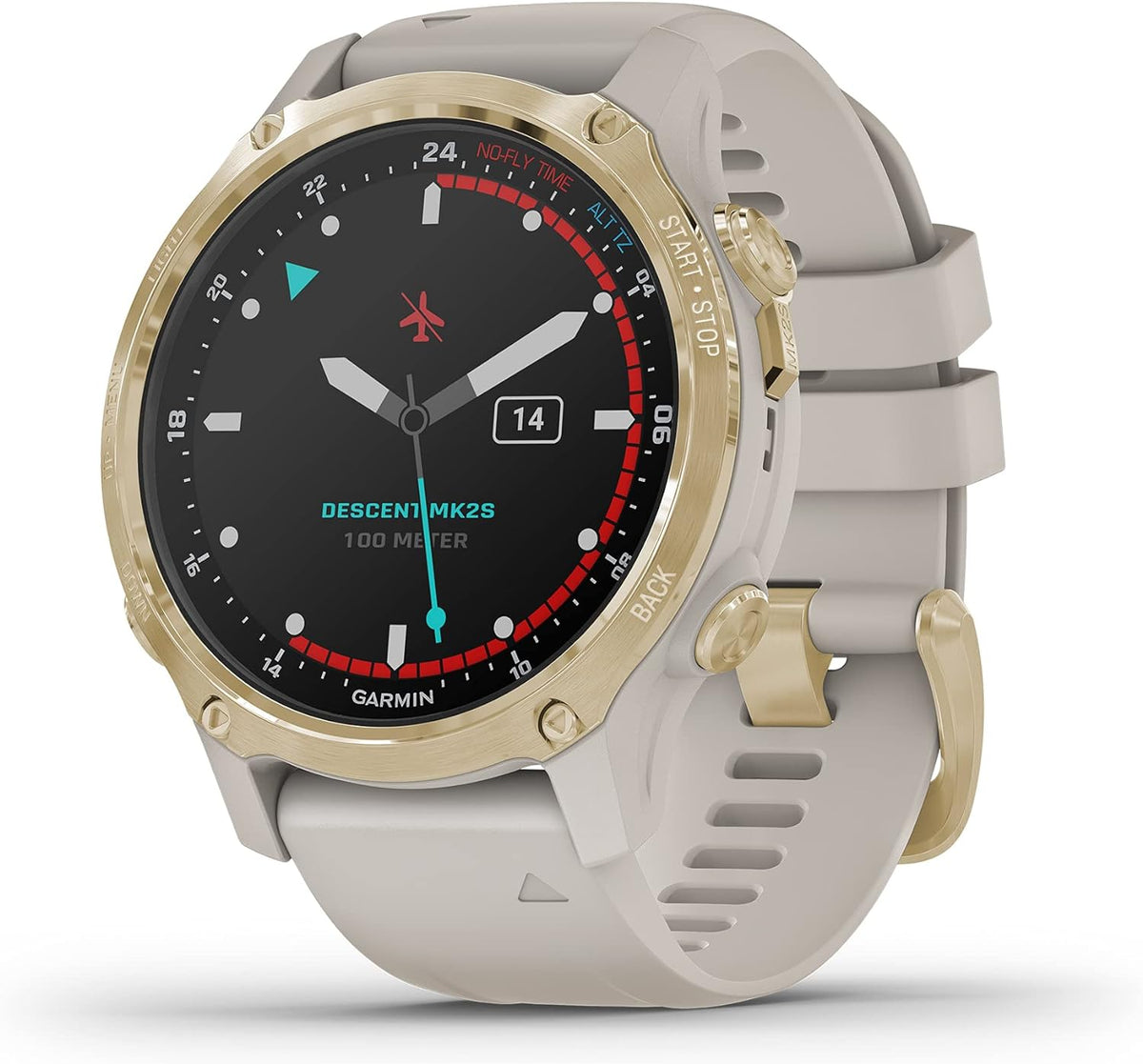 Garmin Descent Mk2S, Smaller-Sized Watch-Style Dive Computer, Multisport Training/Smart Features, Light Gold with Light Sand Silicone Band, (010-02403-00)