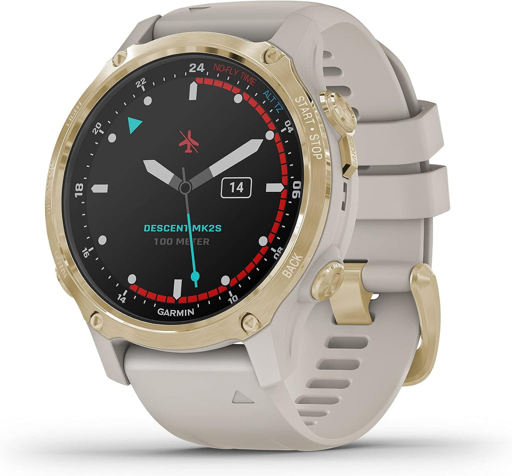 Garmin Descent Mk2S, Smaller-Sized Watch-Style Dive Computer, Multisport Training/Smart Features, Light Gold with Light Sand Silicone Band, (010-02403-00) (Renewed)