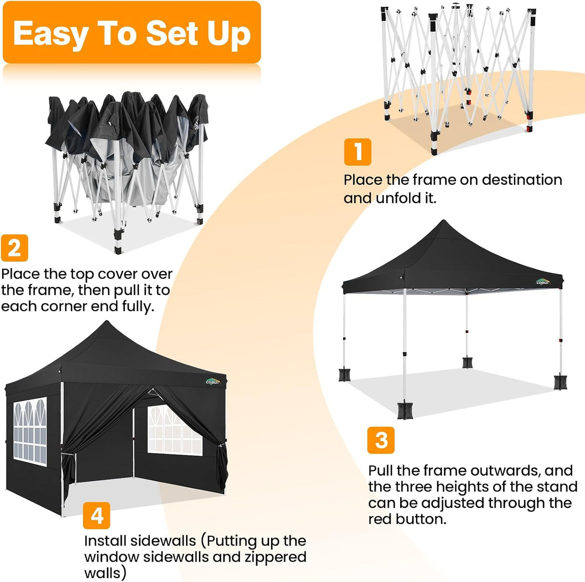 COBIZI 10x10 Pop Up Canopy with 4 Sidewalls, Canopy Tent 10x10 for Parties, Backyard, Commercial, Waterproof and Portable Instant Shelter UV50+ Outdoor Gazebo with 4 Sandbags(Black)